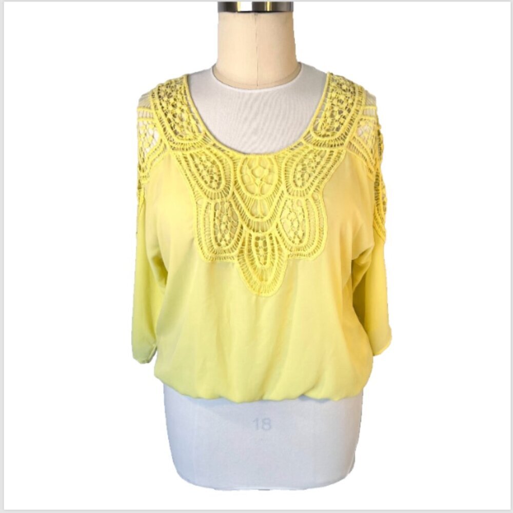 English Laundry | Women's M -1X Blouse Yellow Crochet Shoulder Dolman Sleeve